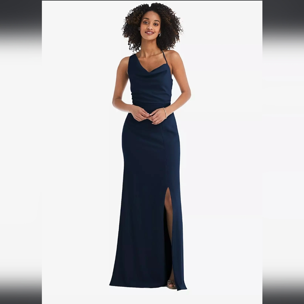 NWT After Six 6849 One-Shoulder Draped Cowl-Neck Maxi Dress in Midnight Navy
